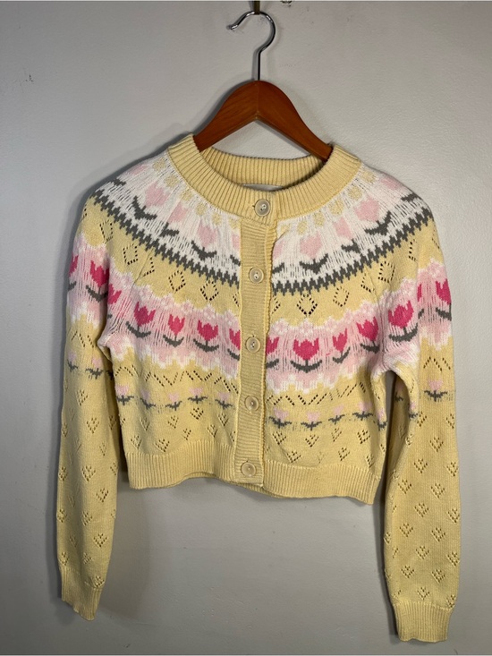 Freshman Sweaters - Freshman 1996 Pastel Yellow Floral Fair Isle Cropped Cardigan